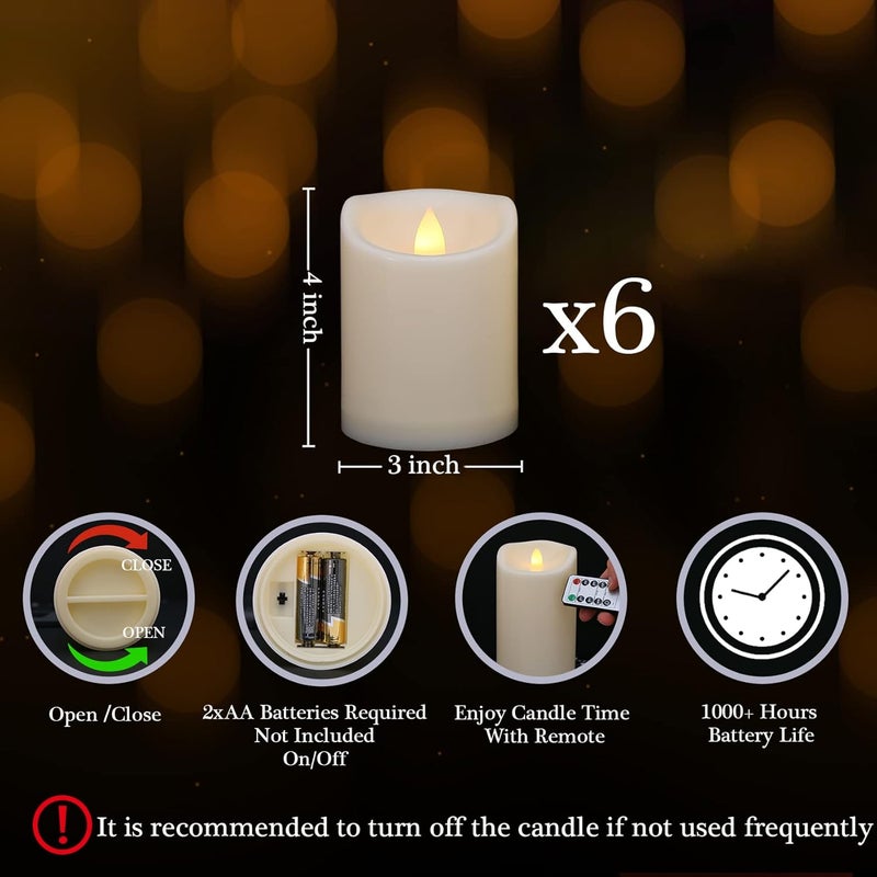 7LinRay Store Battery Operated Flickering Flameless Candles with Remote and Timers, 1000 Hours Waterproof Outdoor Indoor LED Pillar Flameless Candles,Ivory Plastic, D3 X H4, Set of 6 - Image 2